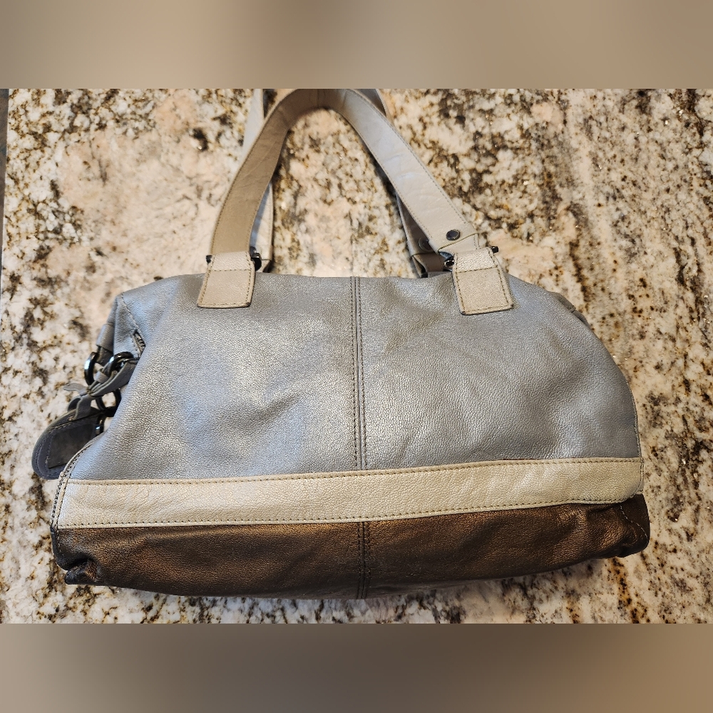 Kenneth Cole Reaction Purse Silver Bronze Metalic Colorblock Leather Satchel GUC